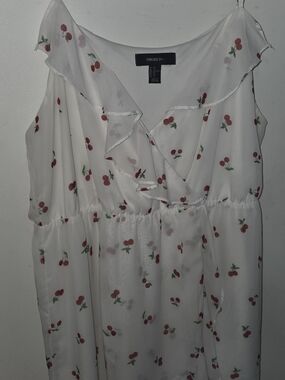 Forever 21 White Cherry-Print Ruffle V-Neck Mini Dress
